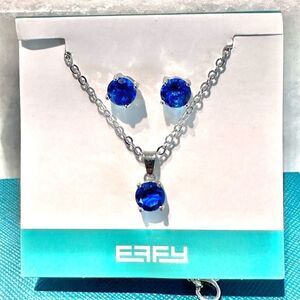NWT EFFY Deep Blue Crystal Stone Pendant Chain Necklace & Stud Earring Set Silve